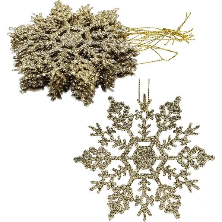 12 Stück – Glitzernde Schneeflockenornamente, Weihnachtsdeko für Party & Baum (Gold, 10 cm) – Bild 1