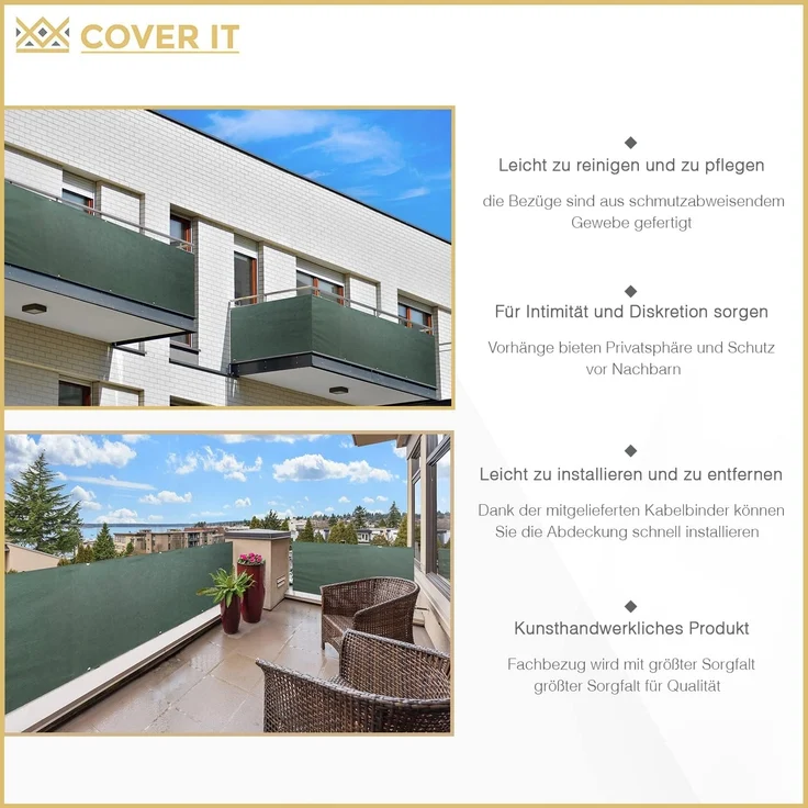 COVER IT Balkon Sichtschutz Ohne Bohren Balkonsichtschutz Custom Länge Grun mit Ösen 50xCustom Sichtschutz Balkon Ohne Bohren - Sichtschutz für Balkon Terrasse - Sichtschutz Balkongeländer – Bild 4