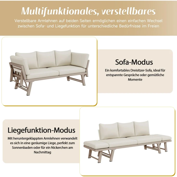 Merax Gartenmöbel-Set, Outdoorsofa, 3-Sitzer-Sofa, Gartensofa mit Liegefunktion, Sonnenliege Gartenliege mit Auflagen und klappbaren Armlehne, Gartencouch, Beige – Bild 3