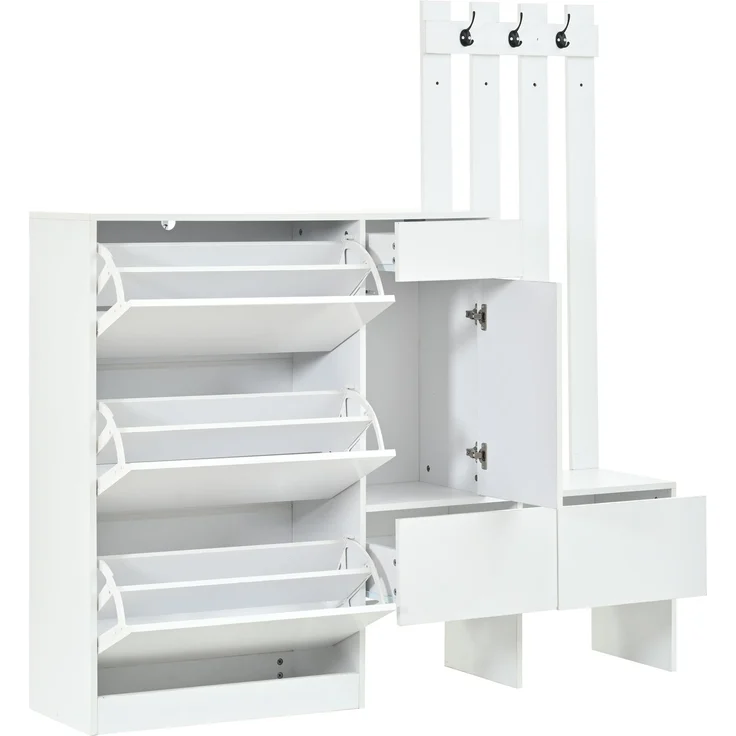 Garderobenschrank 160x35x160 cm mit Sitzbank, 3 Klappfächern und Hakenleiste, Weiß – Bild 6