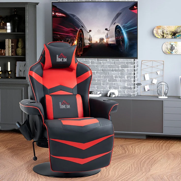 Wohnora-Gamingsessel, Massagefunktion, neigbare Lehne, Fußstütze, bis 120 kg, Stahlrahmen, Kunstleder, Rot,H 1115cm x T 780cm x B 800cm – Bild 3