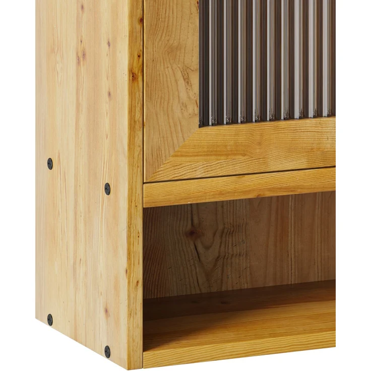 DESVIAE Sideboard mit 2 Schiebetüren 90x60x20 cm aus Massivholz und Glas, Natur – Bild 6