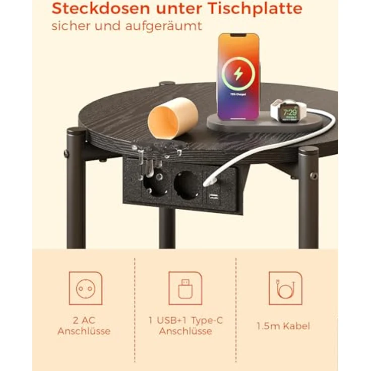 IRONCK Beistelltisch rund, Couchtisch mit Steckdose, Kleiner Tisch Holz, Wohnzimmertisch 2 Ablagen,Sofatisch,USB & Type-C-Anschluss, Metallrahmen, Nachttisch für Schlafzimmer (Schwarz, 1 Stück) – Bild 5