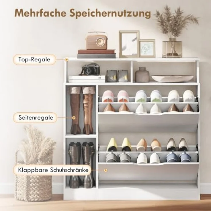 HOMCOM Schuhkipper Schuhaufbewahrung Schuhkommode mit 2 Klappen, schmal, offenem Fach (Schuhschrank, 1 St, Schuhregal), für Flur, Eingang 89 x 25 x 92 cm Weiß – Bild 4