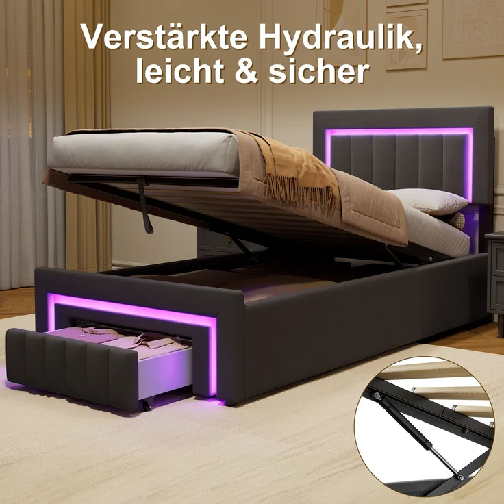Polsterbett aus Velours mit LED, hydraulischem Stauraum & Schublade, ohne Matratze, 90x200 cm, Anthrazit/Grau – Bild 5