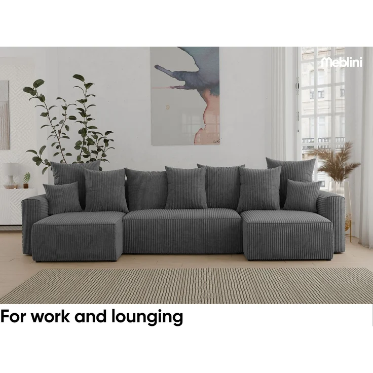 MEBLINI Schlafcouch mit Bettkasten - 312x142x73cm - Dunkelgrau Cordstoff - DAVE - Ecksofa mit Schlaffunktion - Sofa mit Relaxfunktion und Kopfstützen - Couch U-Form - Eckcouch - Wohnlandschaft – Bild 3