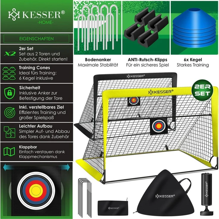 KESSER Pop-Up Fußballtor, 2er Set, mit Transporttasche, 6x Hütchen, Ballpumpe & Zielscheibe, Glasfaserstangen, 120x90 cm, Gelb / Schwarz – Bild 2