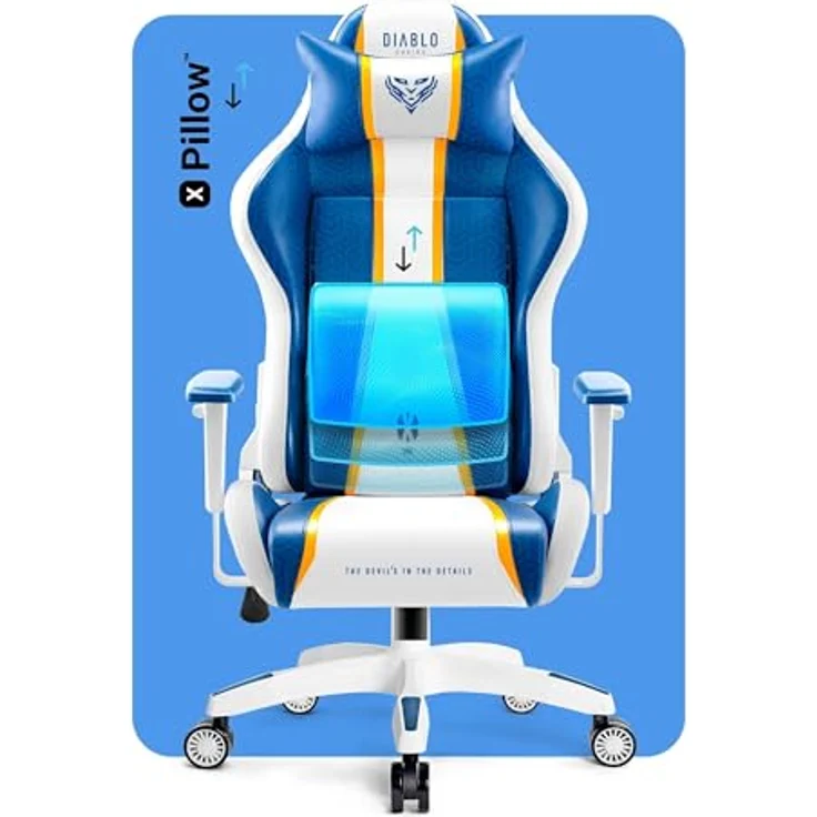Diablo Chairs Gaming-Stuhl X-One 2.0 ergonomischer Drehstuhl mit Lendenkissen und Kopfstütze Leder HDS Tilttech-Verstellung Armtech-Armlehnen 64 x 33 x 120 cm Aquablau – Bild 8