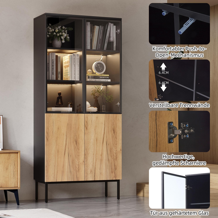Vitrine mit Glastüren, 180 cm hoher Schrank mit LED-Leuchten, Bücherregal, 5-stöckige Glasvitrine für Sammlerstücke, Bücherregal, Büro, Schwarz/Eiche--Schwarz, Eiche--74x31x180cm--YOUDENOVA – Bild 5