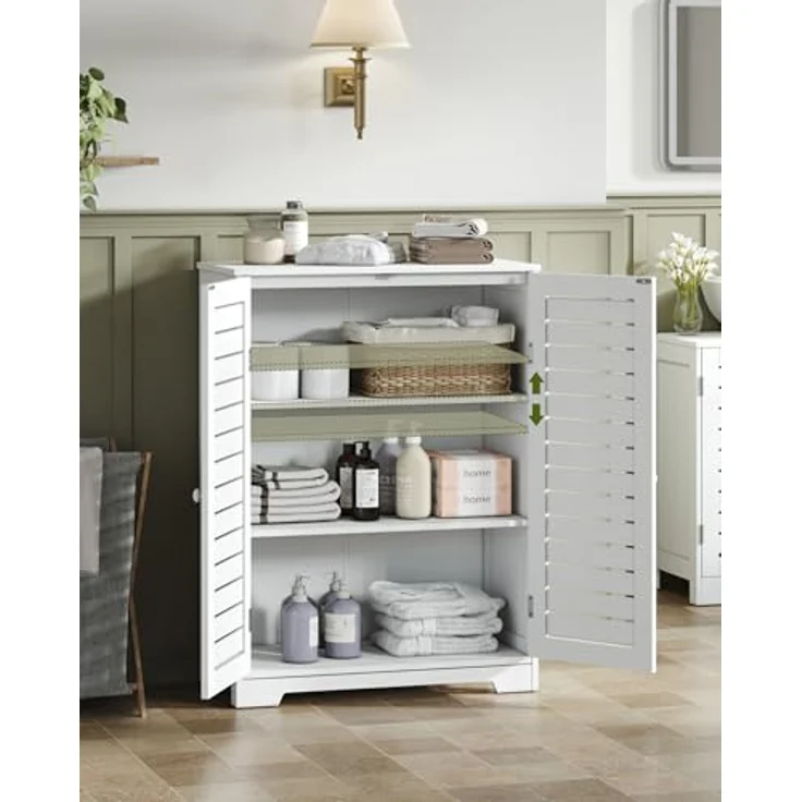 Mondeer Badkommode Badezimmerschrank, mit 2 Lamellentüren und 2 Einlegeböden,60 x 30 x 80 cm, Weiß – Bild 6