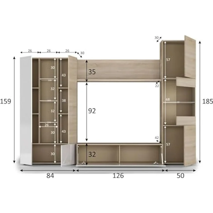 Dmora - Wohnzimmermöbel Raleigh, modulares TV-Ständer-Wohnzimmerelement, Wohnzimmerkomposition mit Wandelementen und Vitrinen und LED-Licht, 260 x 42 x 185 cm, Eiche und Weiß – Bild 4