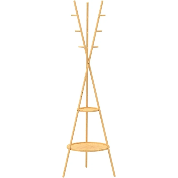 Garderobenständer mit 9 Haken und 2 Ablagen, 58,5×58,5×176 cm, Natur – Bild 4