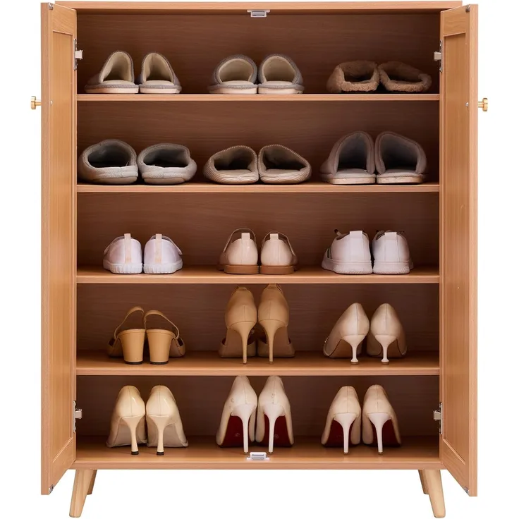 VEVOR Rattan-Schuhschrank 5-stufiger Schuhschrank Schuhkommode mit 2 Türen & verstellbaren Regalen, 102 cm hoher Rattan-Schuhschrank für den Eingangsbereich, ideal für Schrank Flur helle Holzfarbe