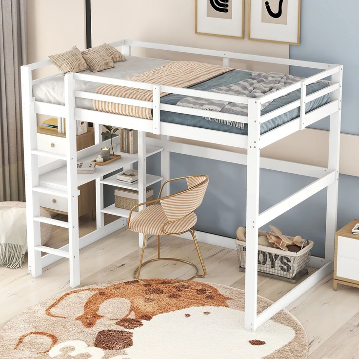 Hochbett 140x200 cm mit Schreibtisch und 4 Ablagefächern, Kinderbett Doppelbett aus massivem Kiefernholz,mit Stauraum,Weiß – Bild 2