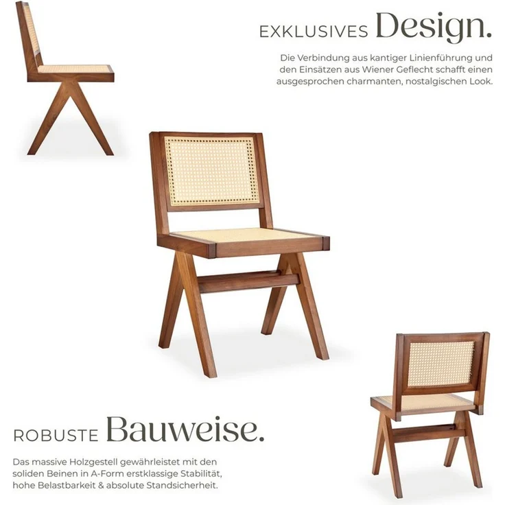 tectake Esszimmerstuhl Holzstuhl im Boho-Stil, Belastbarkeit 120 kg, 48,5 x 53,5 x 83 cm (Massivholzstuhl Lissy in Eiche dunkel, 1 St), Sitzfläche mit Wiener Geflecht, massives Holzgestell mit Lackierung – Bild 3