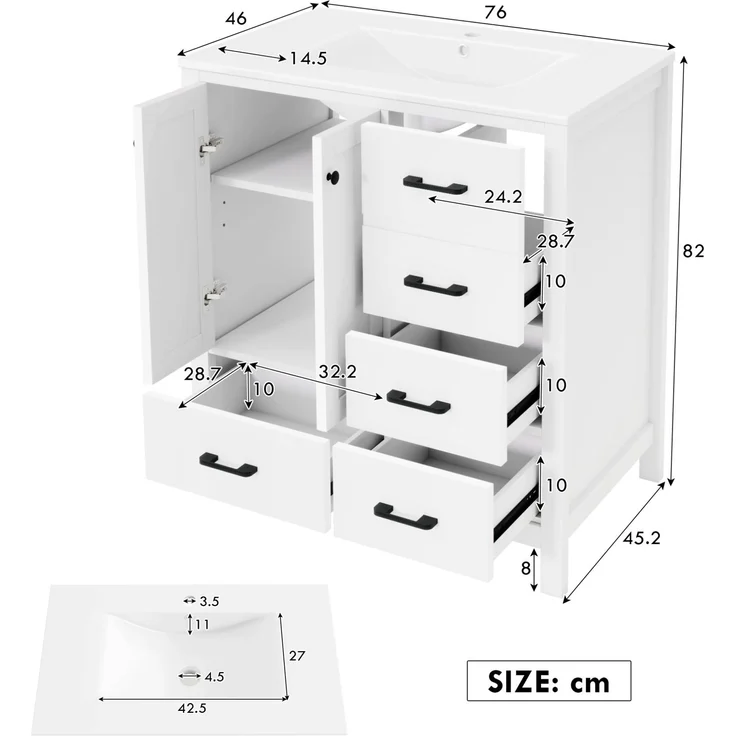 Waschtisch 76 x 46 x 82 cm mit Keramikbecken, 4 Schubladen und verstellbaren Einlegeböden, Weiß – Bild 6