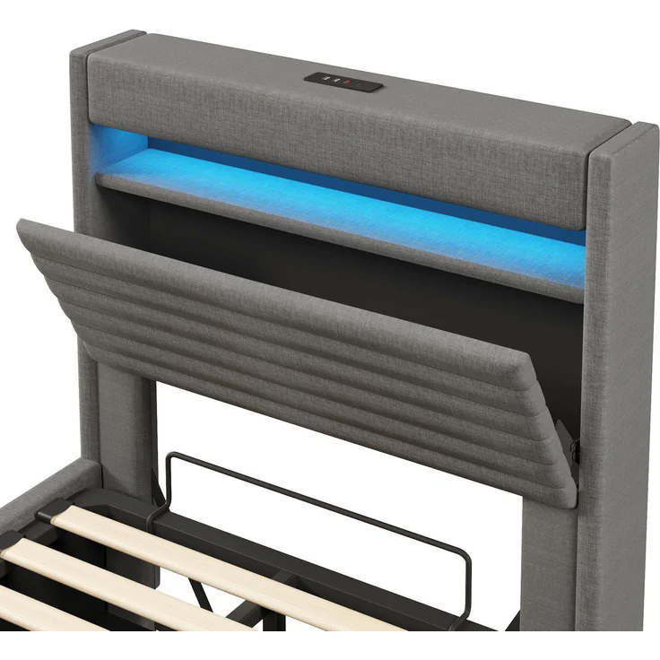 Polsterbett mit LED-Streifen, Stauraum, Schrank, USB und Type-C, 90x200 cm, gepolsterter Kopfteil mit Schrank, Einzelbett, Stauraumbett, Leinen – Bild 9