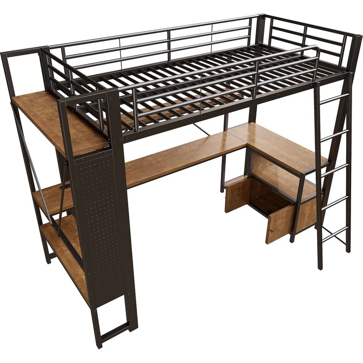 Hochbett mit Schreibtisch, LED-Streifen, Wandgitter, Regal, Schrank, Steckdose, USB, Type-C, Rausfallschutz, 90x200cm, Kinderbett, Metallbett – Bild 7