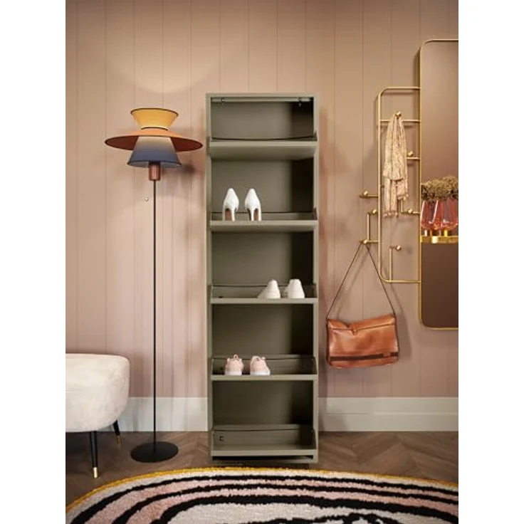 Kare Design Schuhschrank Caruso, Khaki, 173 x 50 x 15 cm, Schuhablage, Schuhkipper, Schuhregal, mit 3 Klappen, für 6 Paar Schuhe, Stahl, Schmal, Platzsparend, Hoch, Eingangsbereich – Bild 2