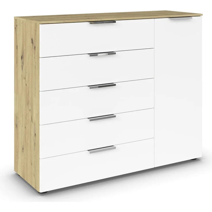 Rauch Möbel Flipp, Kommode für Schlafzimmer, Kinderzimmer, Wohnzimmer, Jugendzimmer, Flur, Garderobe, 1-türig, 5 Schubladen, mit Softclose-Funktion, Farbe Eiche Artisan, Holz/Weiß, Breite 120 cm – Bild 1