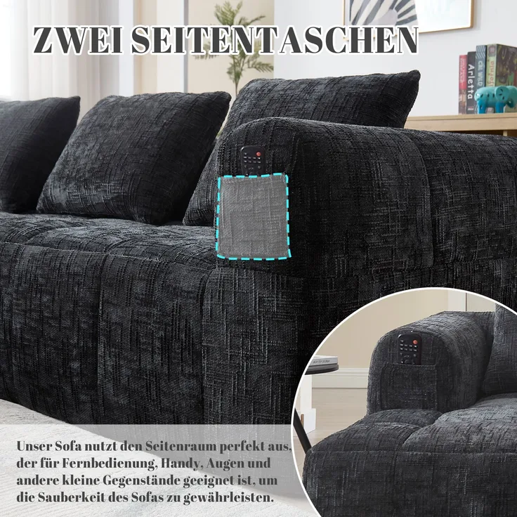 Modernes Sektionssofa, Chenille, schwarz, 2-tlg, 250x158x60 cm