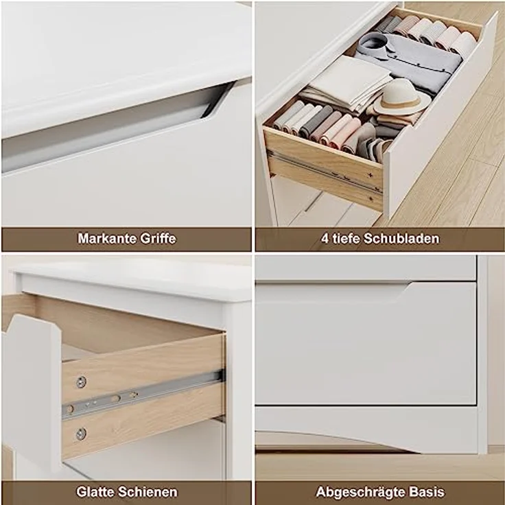 Bealife Kommode Weiß, Schlafzimmer Kommode mit 4 Geräumige Schubladen, Schrank mit Schubladen mit Ausgeschnittenen Griffen und Kippsicherung, Schubladenschrank Ideal für Wohnzimmer, Büro – Bild 7