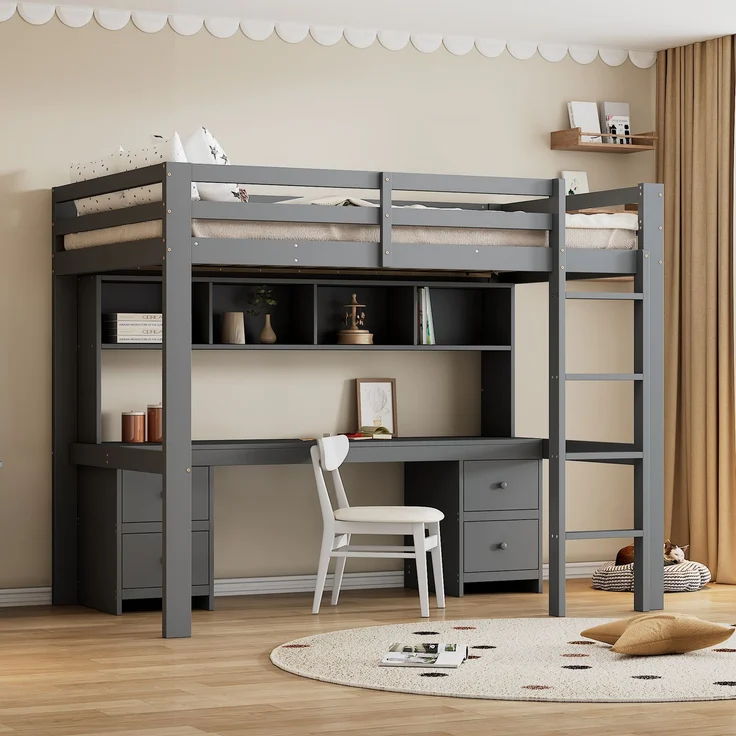 Hochbett 90x200 cm mit Schreibtisch und Stauraum,Kinderbett aus massivem Kiefernholz,Multifunktionsbett mit 4 Schubladen und 4 Regalfächern,Grau – Bild 2