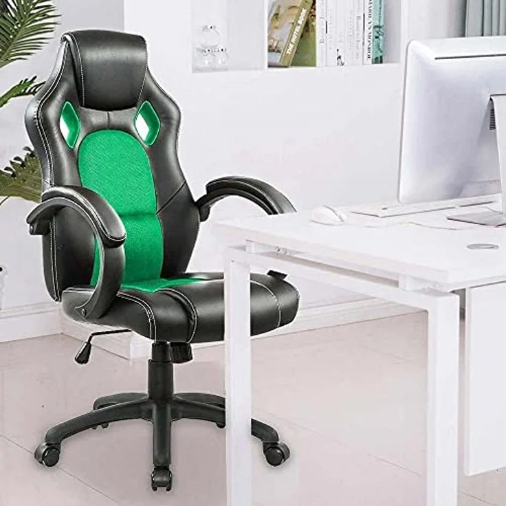 BAKAJI Sportsessel, Bürostuhl, 4 Räder, 360° drehbar, Modell Racer Gaming, extra luxuriös, aus Kunstleder, Schwarz und Stoff (Grün) – Bild 2