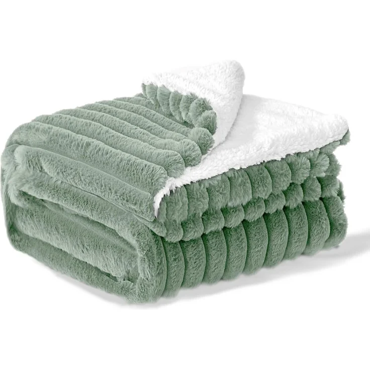 BEDELITE Kuscheldecke Flauschig Decke Klein - Dicke Sherpa Decken Grün 125x150 für Sofa, warme Cord Kuscheldecken Salbeigrün weiche Fleecedecke Wohndecke als Sofaüberwurf für Wohnzimmer – Bild 1