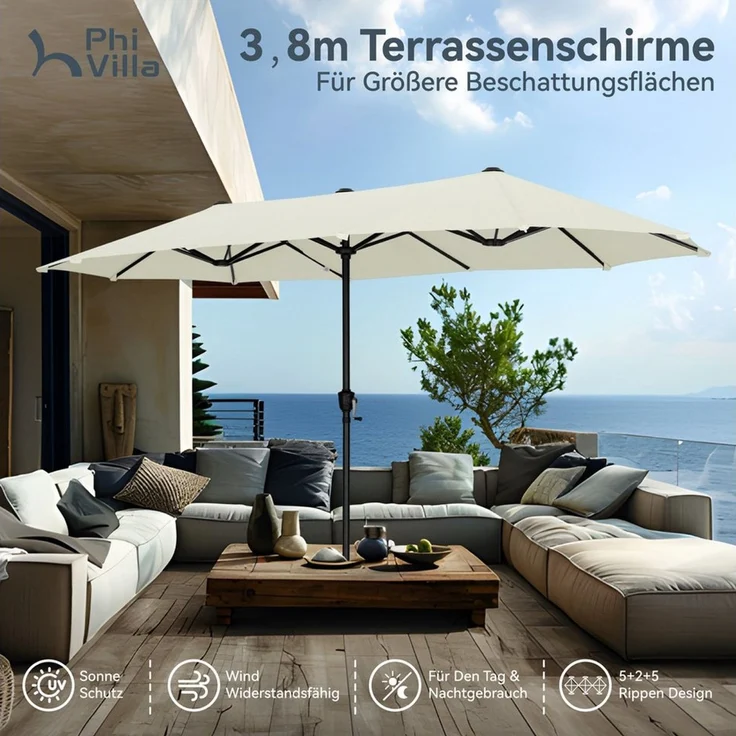PHI VILLA Sonnenschirm, Balkon Rechteckig Groß Balkonschirm Garten Gartenschirm mit Kurbel UV Schutz Parasol Windfest, Mit der rostfreien Stahlstange und 12 Stahlrippen – Bild 2