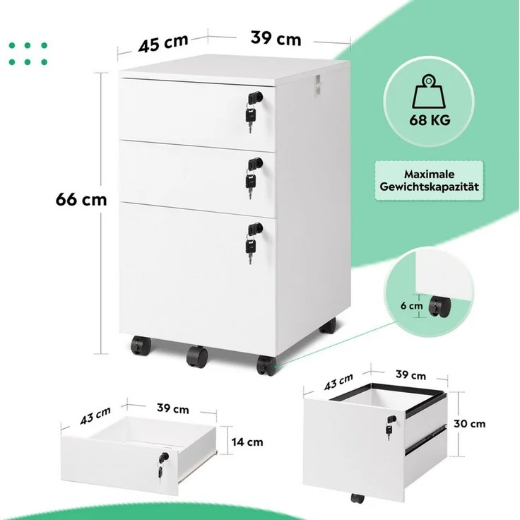 DEVAISE Rollcontainer Mobiler Aktenschrank mit 3 Schubladen, (Druckertisch für DIN A4/Legal/Letter), 3 Schlüssel, Schreibtisch Unterschrank für Büro und Home Office – Bild 4