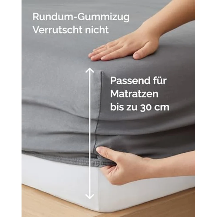 Spannbettlaken Jersey 200x200 - Baumwolle Boxspringbett 30cm - Dunkelgrau | Spannbetttuch, Rundumgummi, Dehnbar, Weich, Atmungsaktiv, Knitterfrei, Pflegeleicht, Baumwoll-Jersey, Bis 30cm, OEKO-TEX – Bild 5