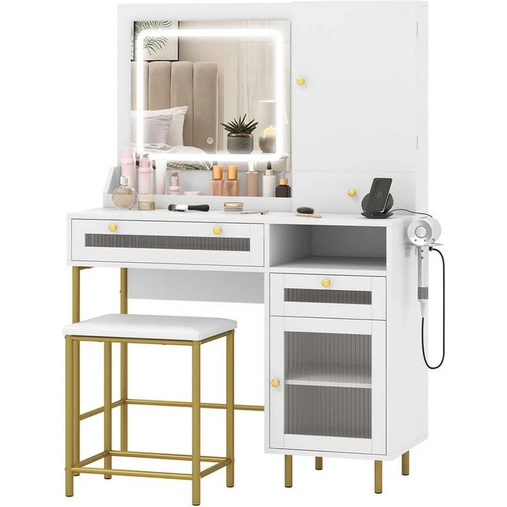 COSTWAY Schminktisch (1-St), mit LED & Ladestation, Hocker, Spiegel, Schrank