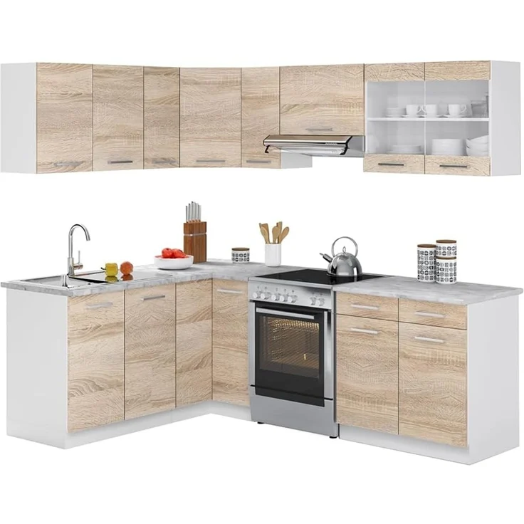 Eckküche R-Line Sonoma/Weiß 227 x 167 cm, AP Marmor mit LED-Leisten Vicco – Bild 9