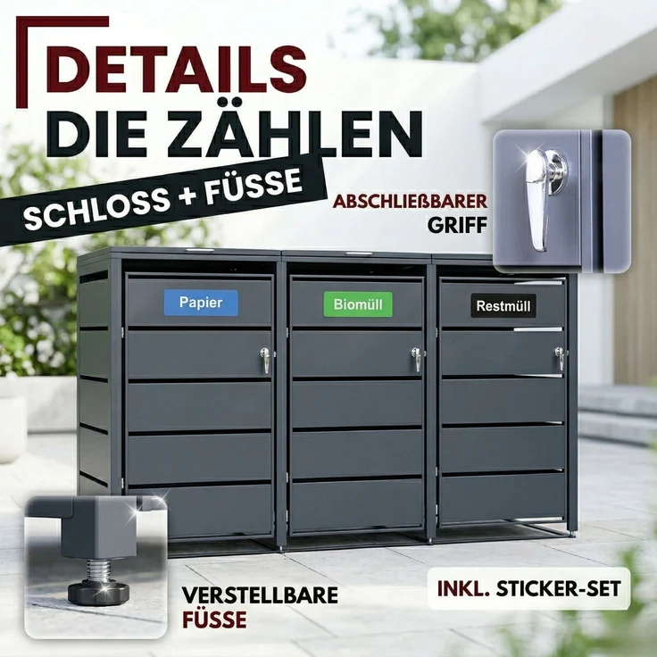 Albatros Mülltonnenbox 3er Tonne | bis 240 Liter | Anthrazitgrau RAL 7016 | verzinkter Stahl | Premium Dämpfer| Aufkleber-Set | wetterfest| verstellbare Füße| Türgriff mit Schloss | Gartenbox | entwickelt in Deutschland – Bild 3