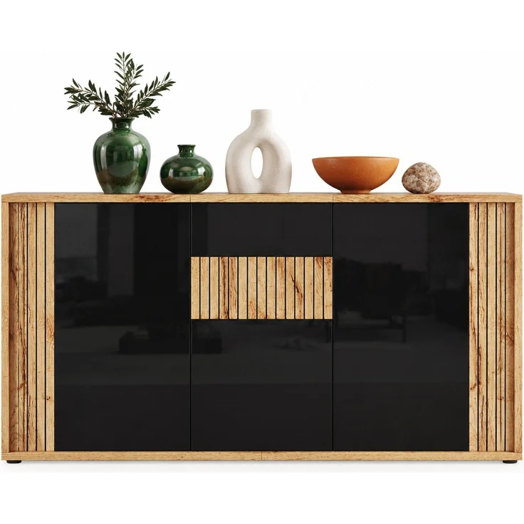 DESVIAE Sideboard Schwarz-Holzton aus MDF/Spanplatte – 140x71x35 cm – 3 Türen, 6 Fächer – Bild 7
