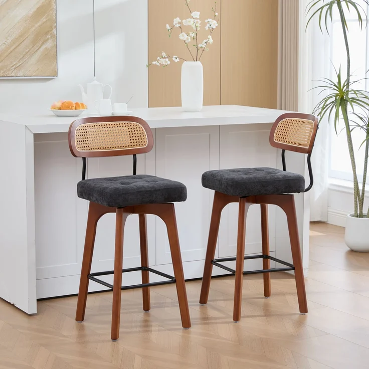 2er-Set um 360° drehbare Barhocker, Küchen- und Frühstücksbarhocker mit Rückenlehne, Rückenlehne aus Rattan mit gepolsterter Sitzfläche, Barhocker im modernen Mid-Century-Stil(schwarz, Chenille-Stoff--Schwarz--51x44x96cm--YOUDENOVA – Bild 7