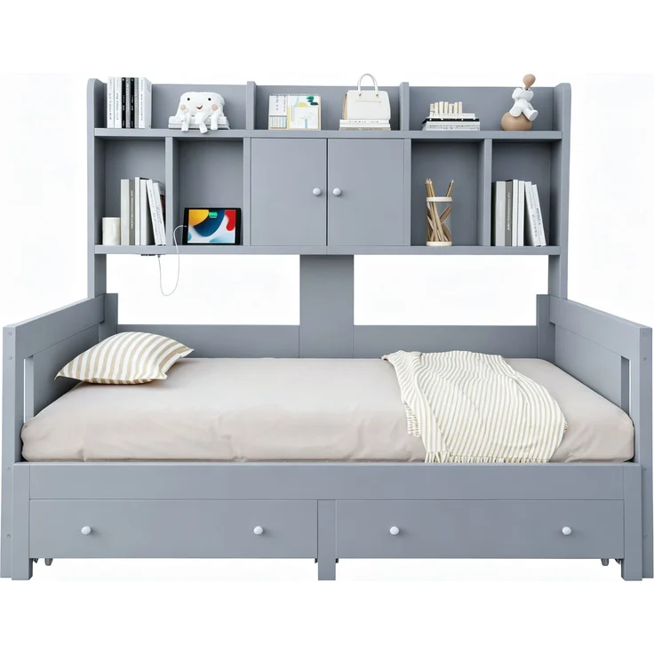 Multifunktionales Ausziehbares Schlafsofa Aus Holz Mit Schubladen, Ablageflächen, Schränken und offenen Fächern, Ausgestattet Mit Steckdosen und LED-Beleuchtung, Gästebett, Grau--Herde--193.6x97x140cm--YOUDENOVA – Bild 10