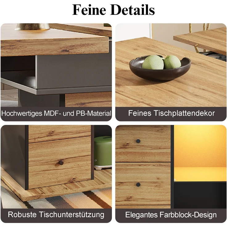Abrihome Ausziehbarer Esstisch 110-140x80 cm für 4-6 Personen mit LED, Schwarz – Bild 4
