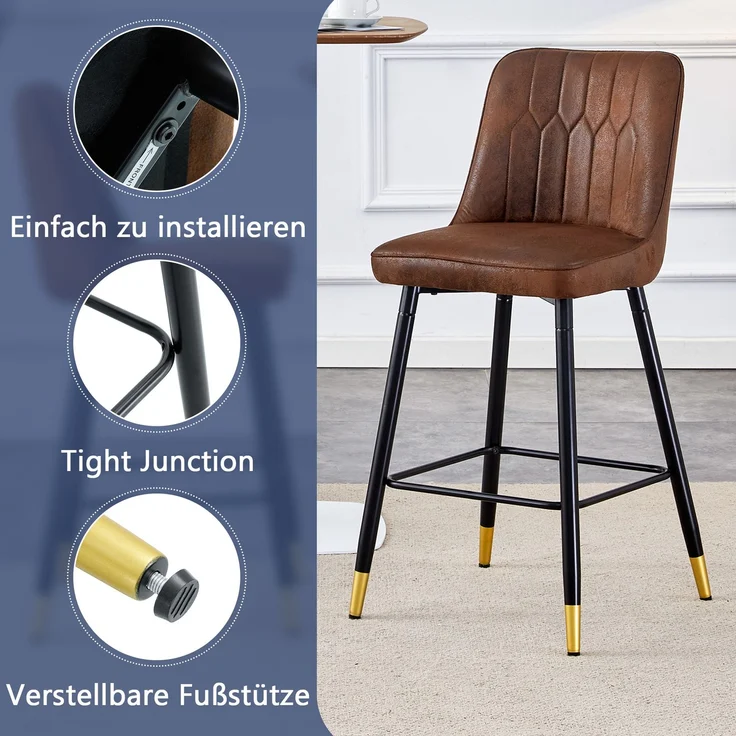 2er-Set Barhocker, 100 cm hoch, brauner Tech-Stoff mit schwarzem Metallgestell und bequemer Fußraste, In mehreren Farben erhältlich – die ideale Wahl für Ihre Hausbar.--Braun + Schwarz--42x45x100cm--YOUDENOVA – Bild 7