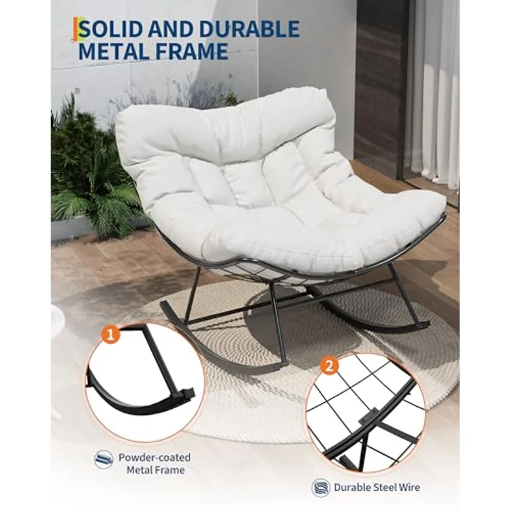 GarveeHome Schaukelstuhl Oversized, Schaukelsessel mit dickem Kissen & Metallrahmen, Relaxsessel für Poolside, Garten und Hinterhof, Tragfähigkeit – Bild 3
