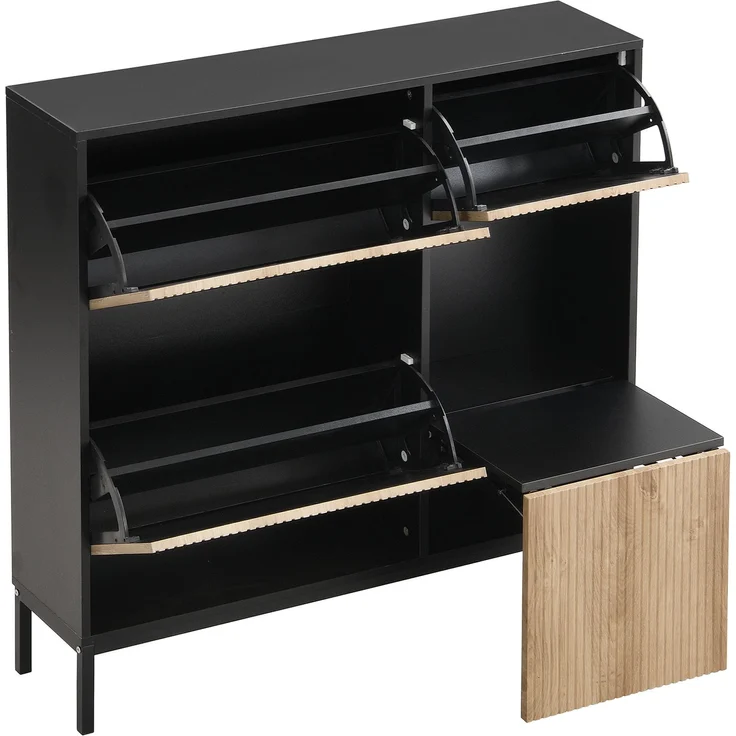 ZUBALIYA Schuhschrank (100 x 25 x 100 cm), 3 Klappfächer, Offener Stauraum, Stauraum für Flur und Eingangsbereich, Schwarz / Naturfarben – Bild 22