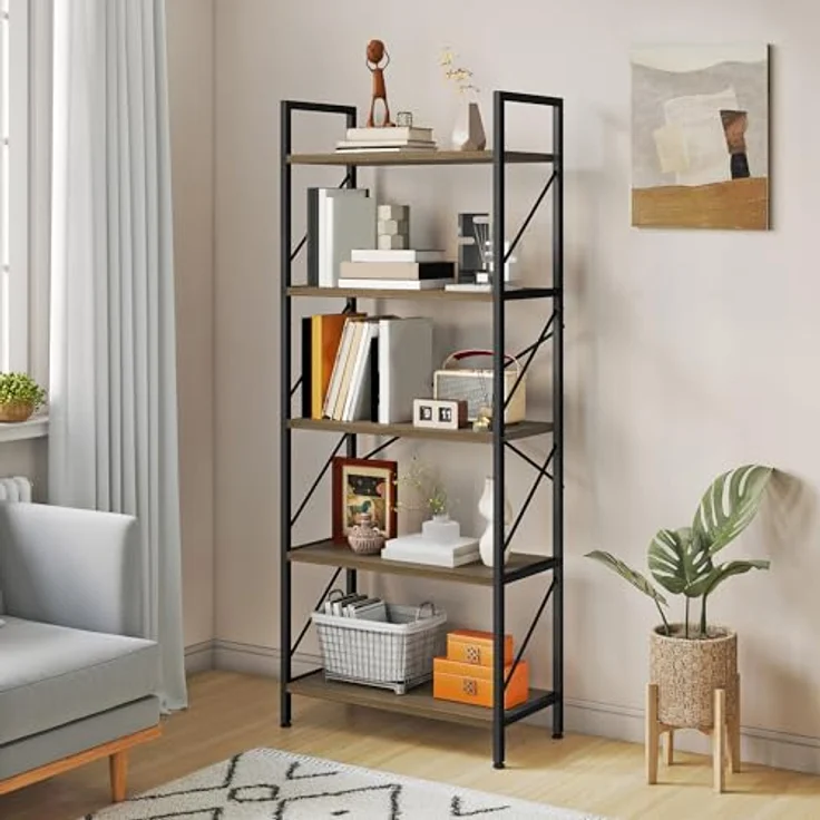 YITAHOME Bücherregal, Standregal mit 5 Ebenen, Hohes Lagerregal mit Metallrahmen, Industrielles Ausstellungsregal, Regaleinheiten, für Wohnzimmer, Schlafzimmer, Homeoffice, Küche, Grau Regal – Bild 2