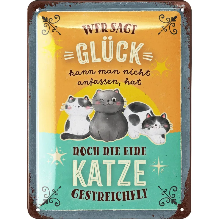 LANOLU Blechschild Glück Katze streicheln - 15x20cm – Metall – Mehrfarbig – 15216
