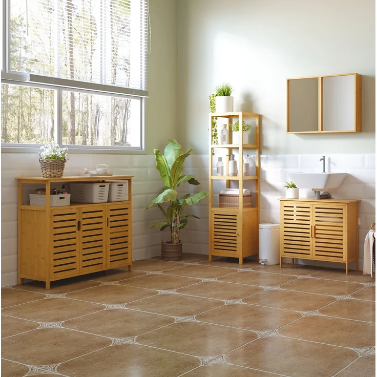 Badezimmerschrank aus Bambus mit 3 offenen Fächern, 36x33x140 cm, Naturholz – Bild 2