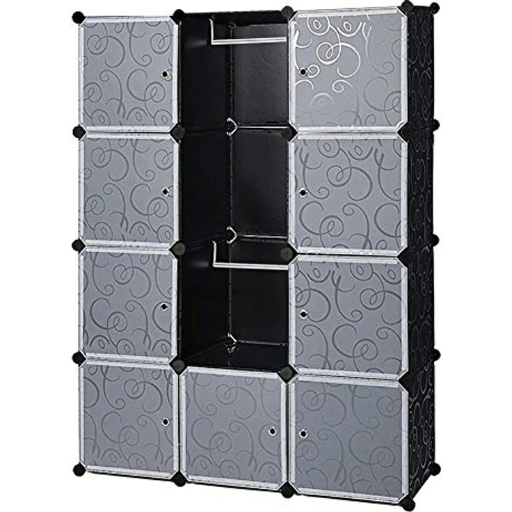 Mondeer Schrank Würfel 184 x 37 x 147 cm, Tragbar, Modular, mit Stange zum Selbermachen, Kleiderschrank, Kombiniert, Platzsparend, Kunststoff, Organizer, Würfel, Garderobenständer, 12 Würfel, Schwarz – Bild 9
