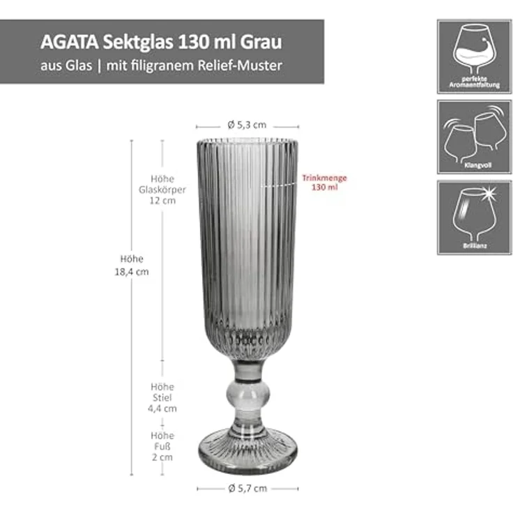 MamboCat Sektglas Agata 6x Sektgläser 130ml grau Glas Relief Sekt-Flöte Prosecco, Glas – Bild 6
