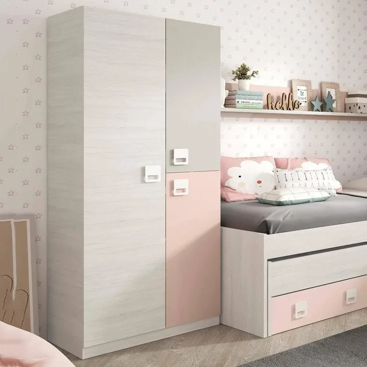 Dmora - Garderobe Manchester, Kleiderschrank im Schlafzimmer, Schrank mit 3 Türen und 3 Einlegeböden mit Kleiderstange, cm 90x52h200, Grau und Rosa