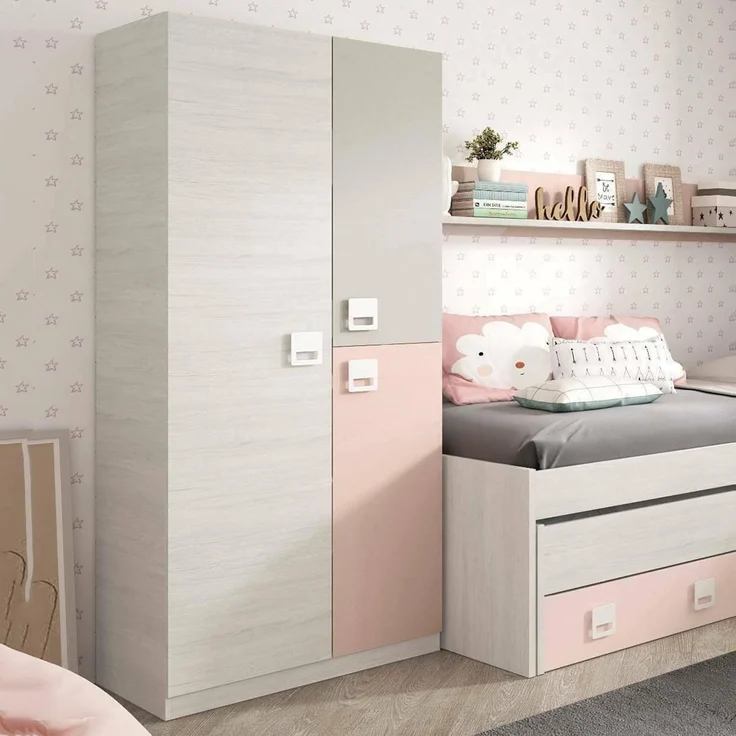 Dmora - Garderobe Manchester, Kleiderschrank im Schlafzimmer, Schrank mit 3 Türen und 3 Einlegeböden mit Kleiderstange, cm 90x52h200, Grau und Rosa