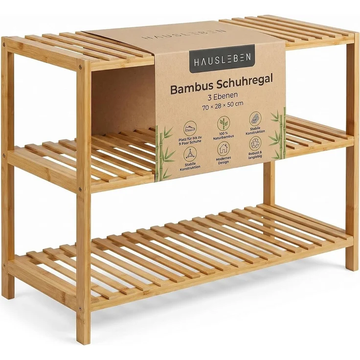 hausleben Schuhregal Bambus Schuhregal, 3 Ebenen, 70x28x50 cm, Naturholz Standregal, Einzelartikel 1-tlg, Stabil, Leicht zu Reinigen – Bild 1